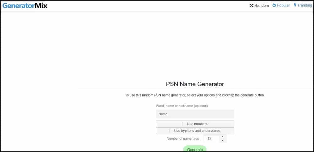 Generator mix PSN Name Generator overview