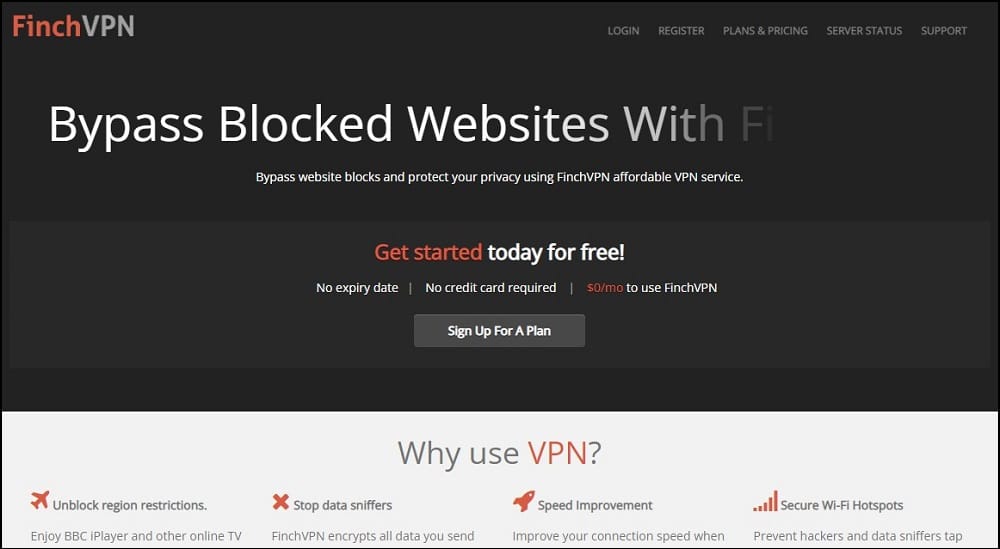 FinchVPN Homepage