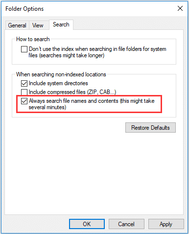 Always search file names and contents option