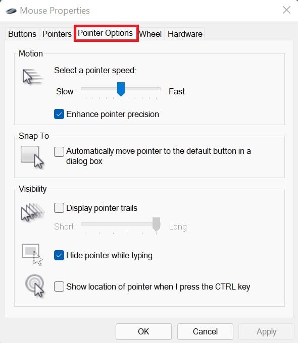 Choose the pointer options tab