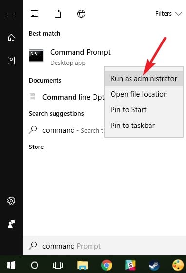 Command Prompt app and clicking on the Run as administrator option