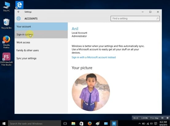 From the menu that appears and click on Sign-in Options
