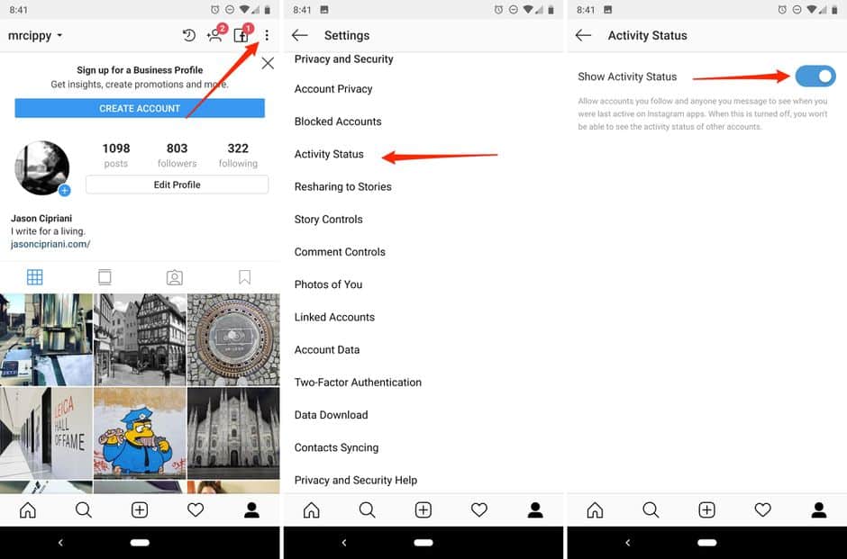 Modify the activity status of your Instagram account