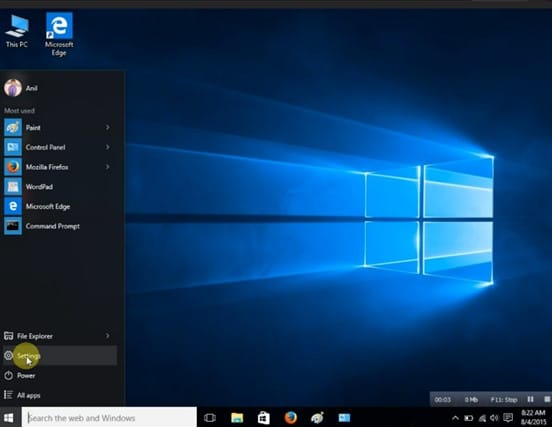 Options displayed on the left and click on Settings