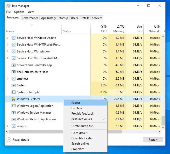 Under Processes look for Windows Explorer