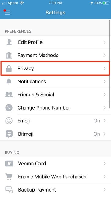 Venmo app and go to Settings