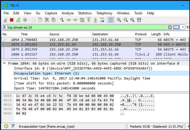 Wireshark inspect packets