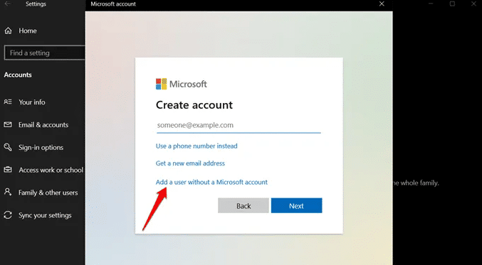 click on Add a user without a Microsoft account