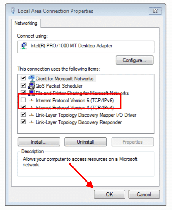 disable your Internet Protocol v6