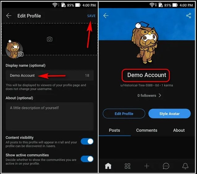 updated reddit display name on phone