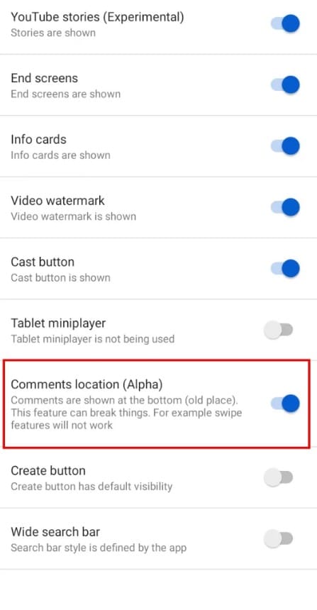 location of the comment